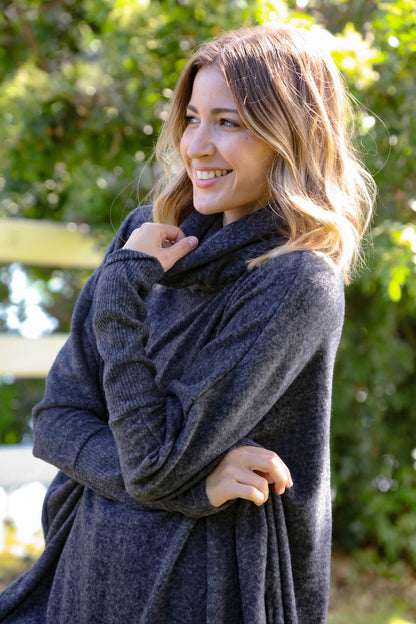 Charcoal Brushed Melange Cowl Neck Poncho Sweater