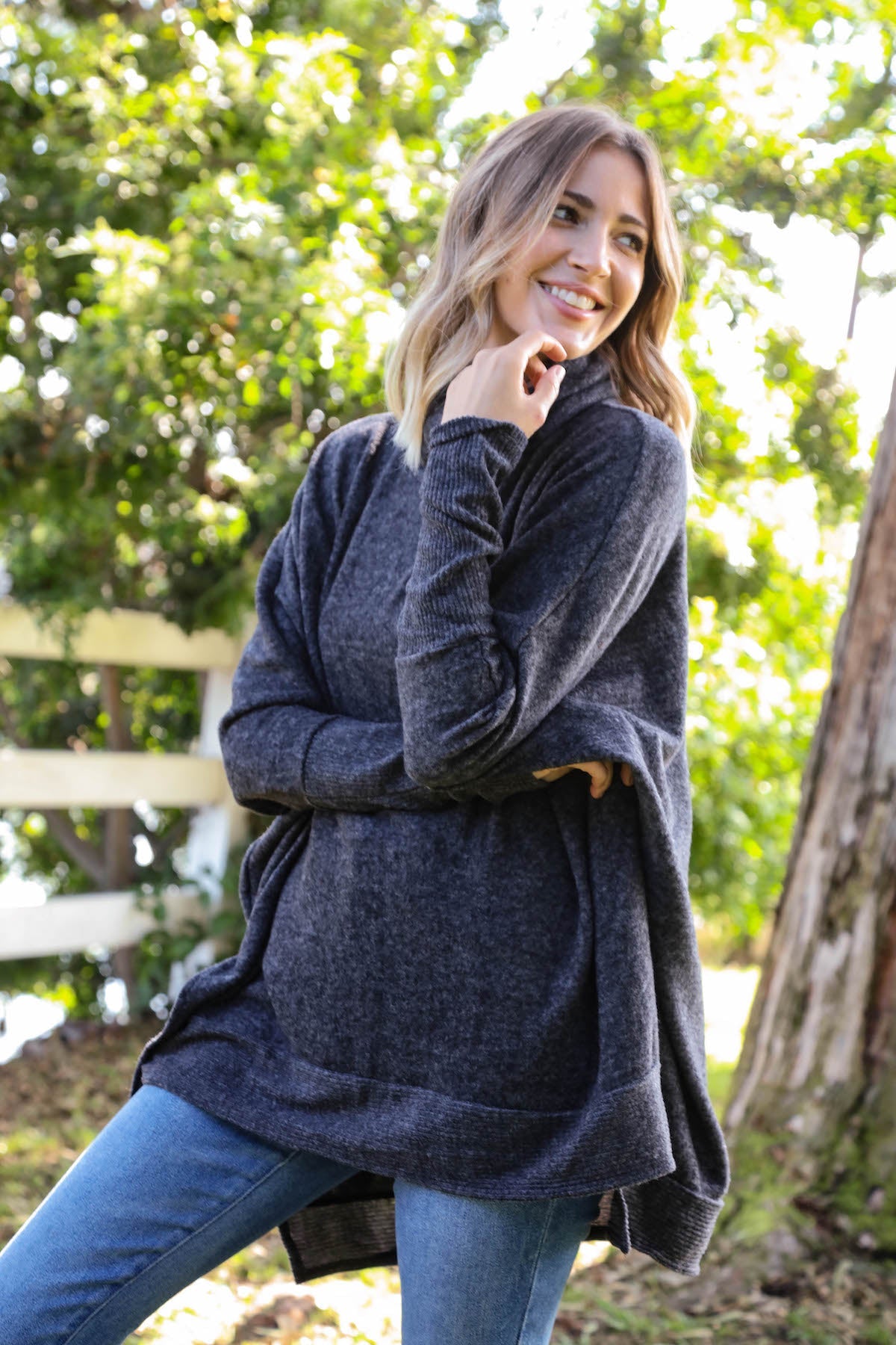 Charcoal Brushed Melange Cowl Neck Poncho Sweater