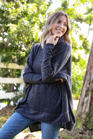 Charcoal Brushed Melange Cowl Neck Poncho Sweater