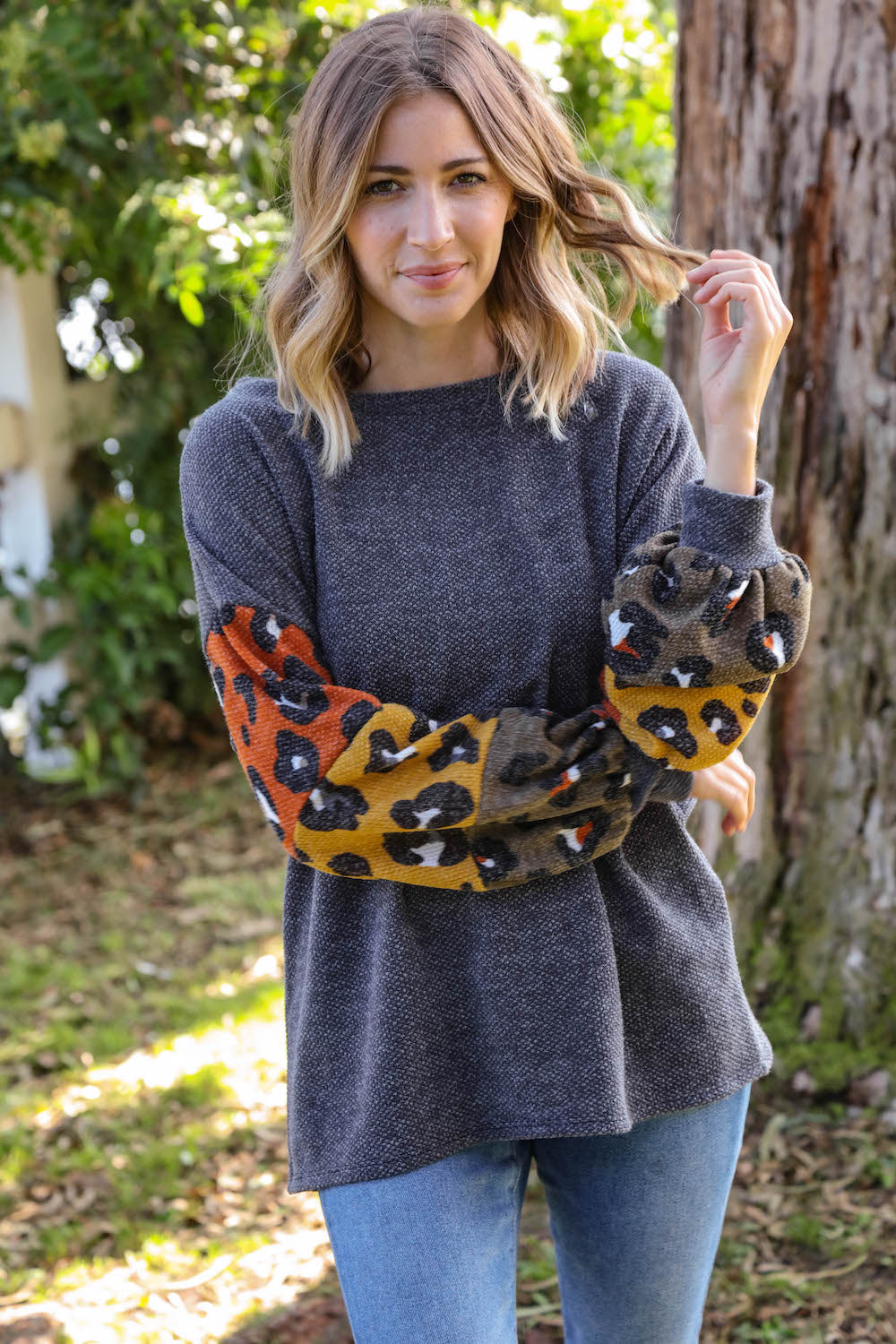 Grey Two Tone Leopard Bubble Sleeve Slouchy Top