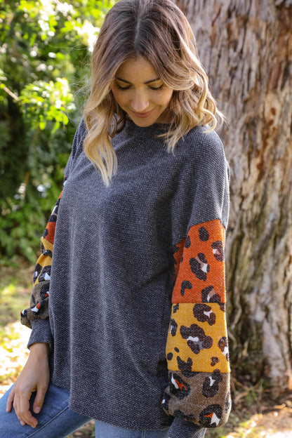 Grey Two Tone Leopard Bubble Sleeve Slouchy Top