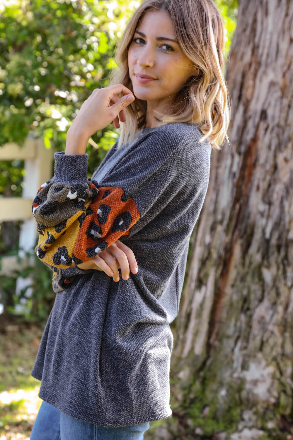 Grey Two Tone Leopard Bubble Sleeve Slouchy Top