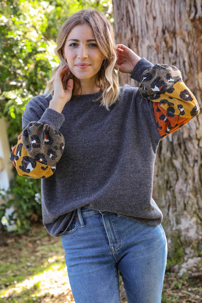 Grey Two Tone Leopard Bubble Sleeve Slouchy Top