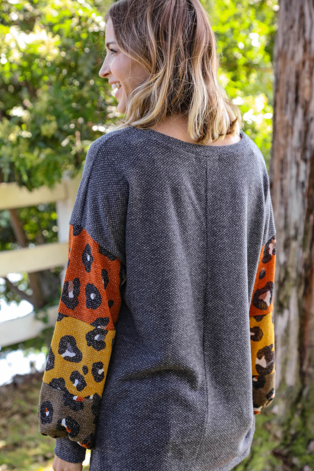 Grey Two Tone Leopard Bubble Sleeve Slouchy Top