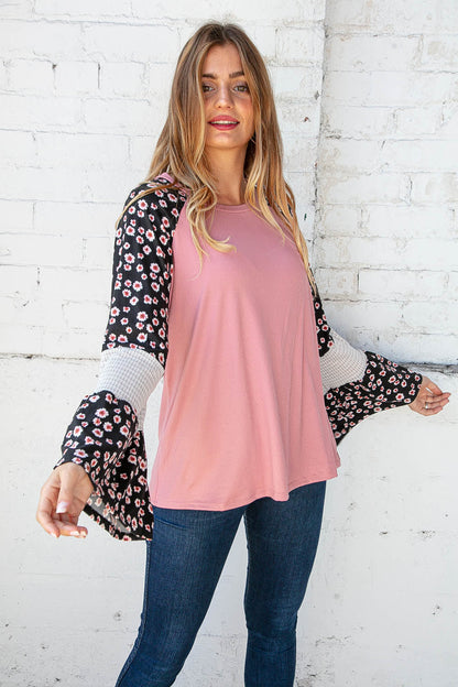 Jacquard Floral Print Color Block Bell Sleeve Top