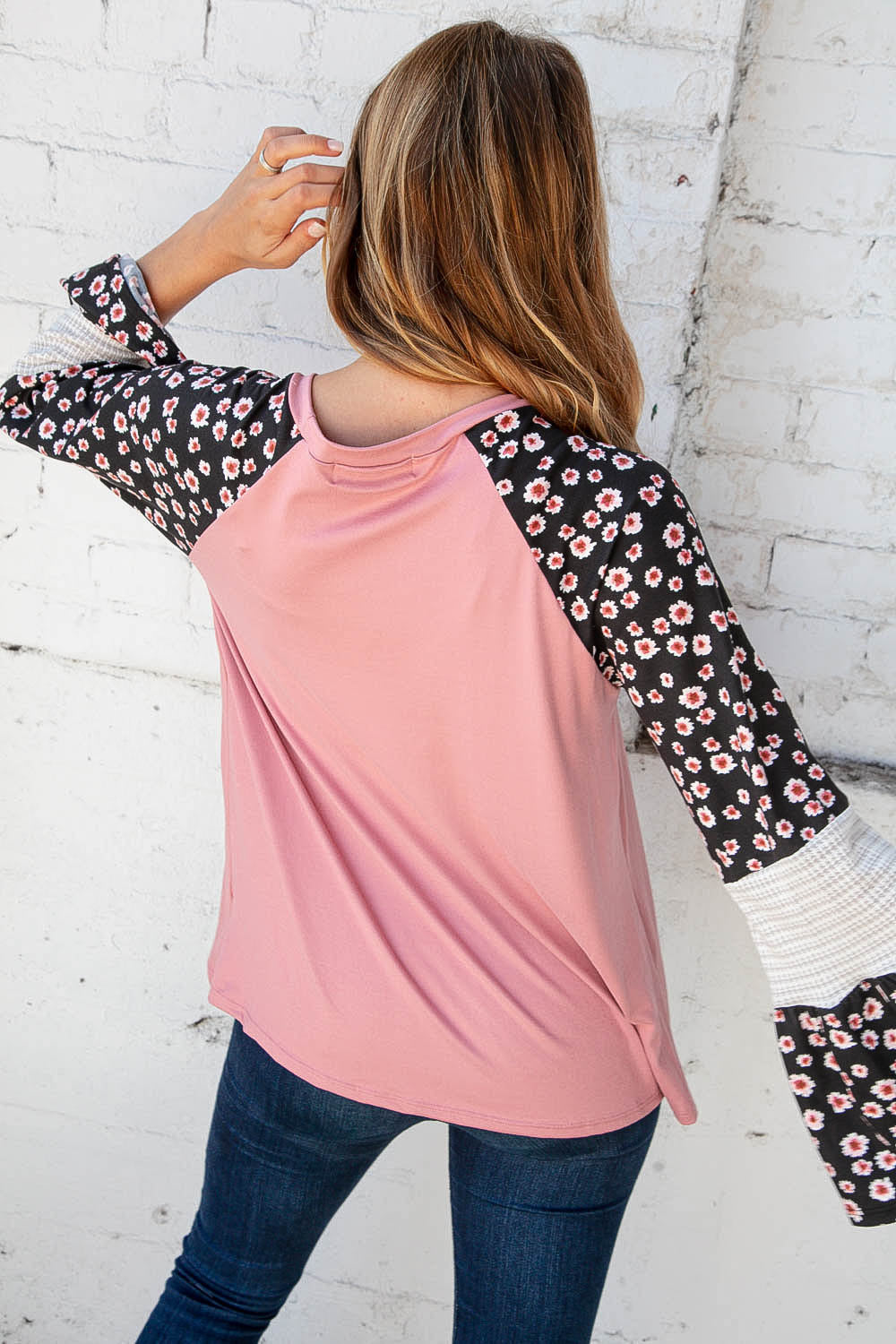 Jacquard Floral Print Color Block Bell Sleeve Top