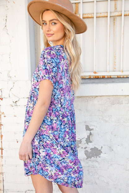 Fuchsia Navy Silky Fit & Flare Floral Print Pocketed Dress