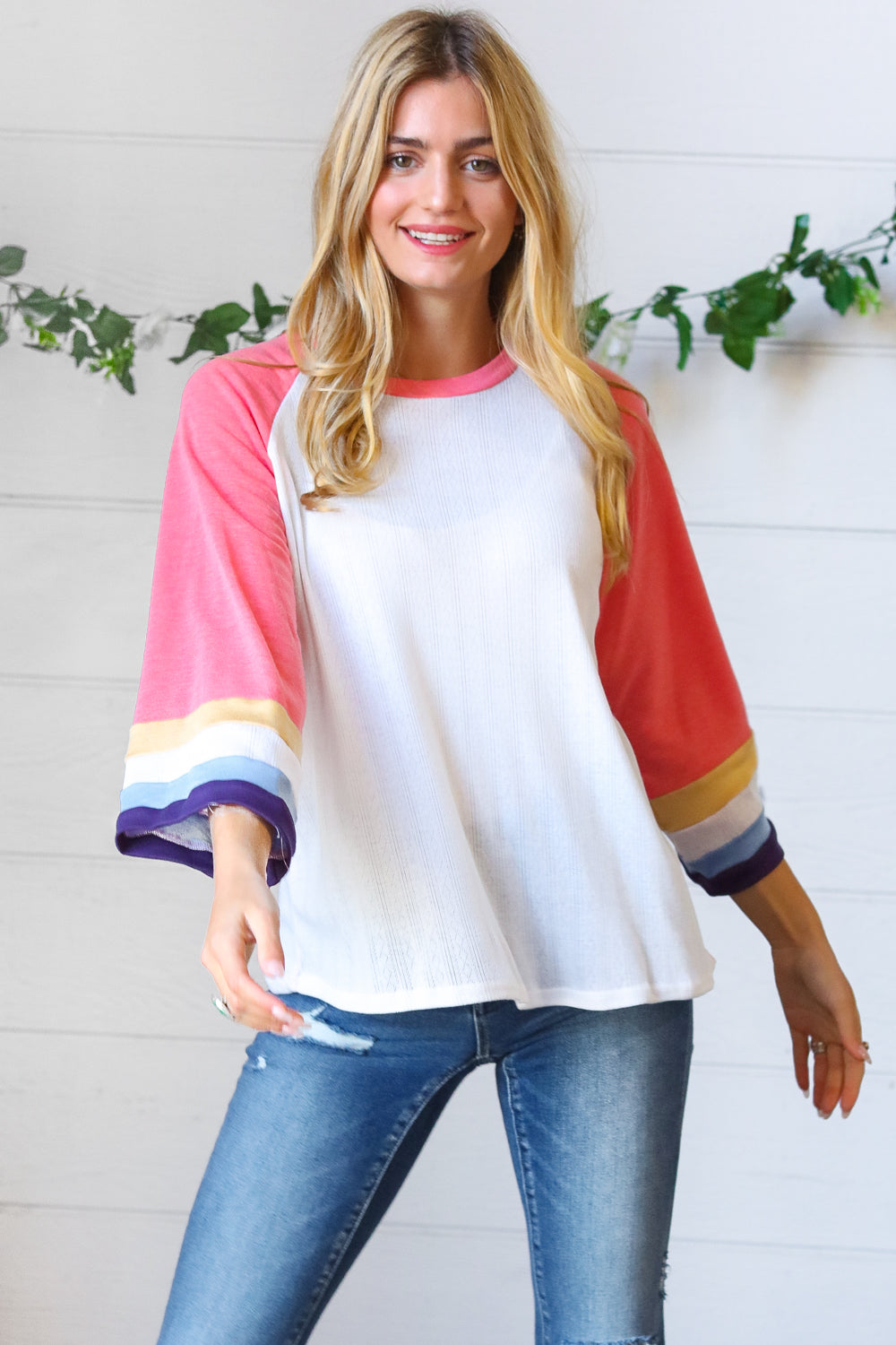 Pink Pointelle Color Block Wide Sleeve Pullover