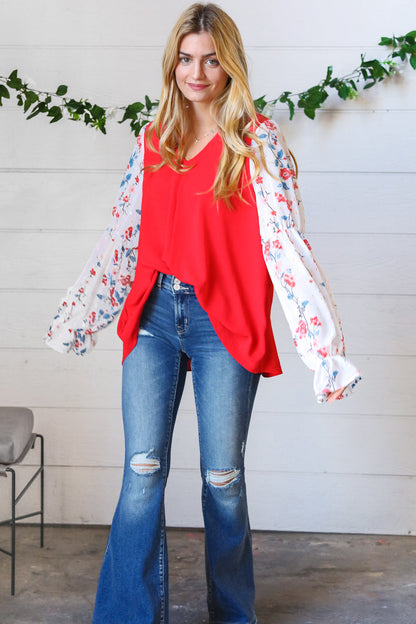 Red Chiffon Foiled Floral Thread Ruffle Sleeve Blouse