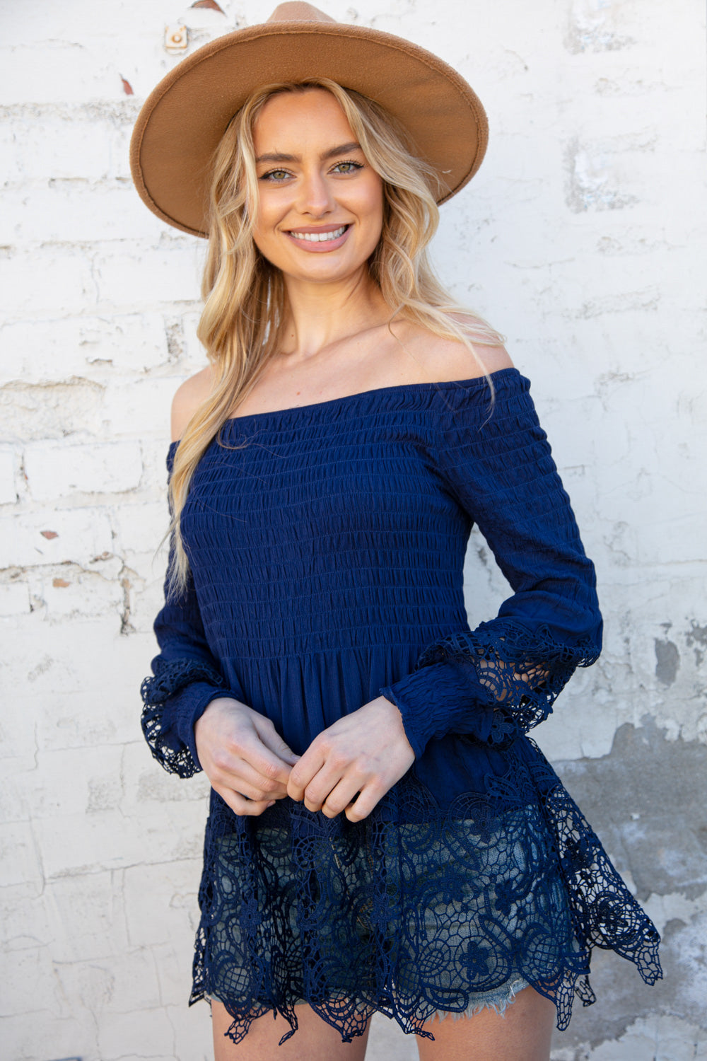 Navy Off-Shoulder Smocked Bubble Sleeve Crochet Top