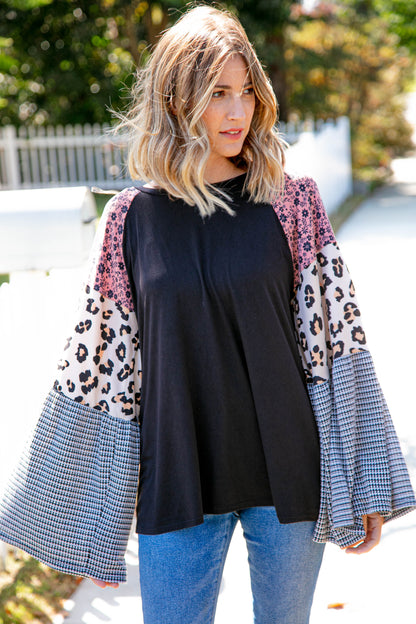 Floral Leopard Print Jacquard Block Bell Sleeve Top