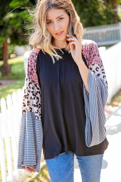 Floral Leopard Print Jacquard Block Bell Sleeve Top