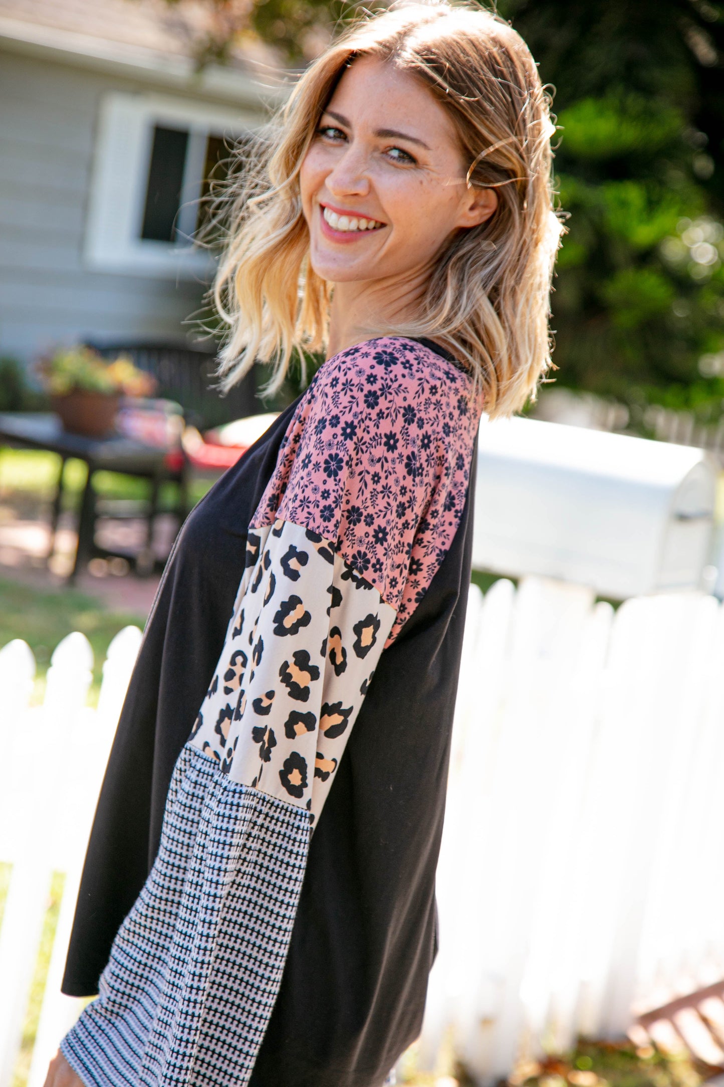 Floral Leopard Print Jacquard Block Bell Sleeve Top