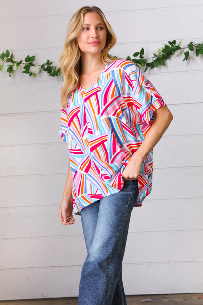 Blue & Fuchsia Geometric Print Woven Top