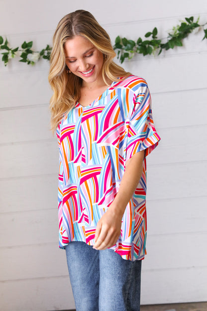 Blue & Fuchsia Geometric Print Woven Top