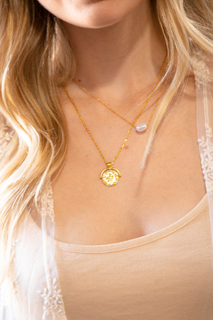 Good Luck Gold Coin & Pearl Layered Pendant Necklace