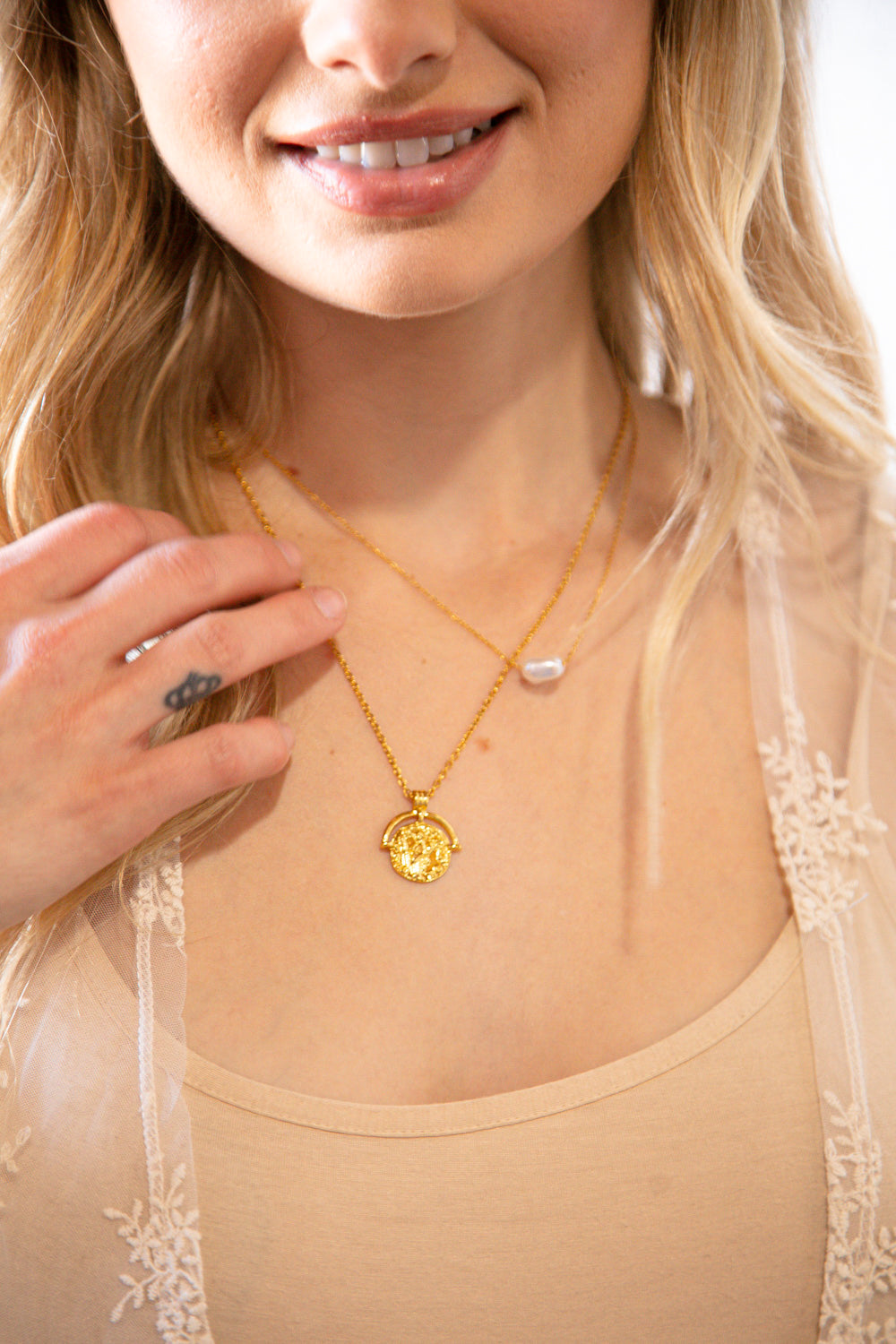 Good Luck Gold Coin & Pearl Layered Pendant Necklace