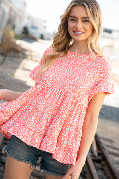 Coral Leopard Frill Ruffle Hem Tiered Swing Top