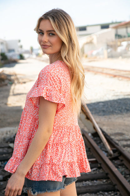 Coral Leopard Frill Ruffle Hem Tiered Swing Top