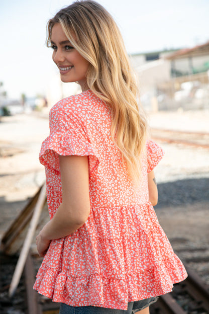 Coral Leopard Frill Ruffle Hem Tiered Swing Top