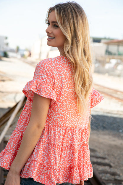 Coral Leopard Frill Ruffle Hem Tiered Swing Top