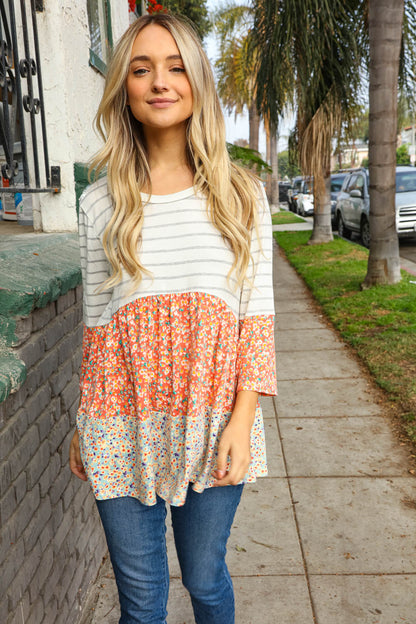 Peach Floral Tiered Stripe Color Block Top