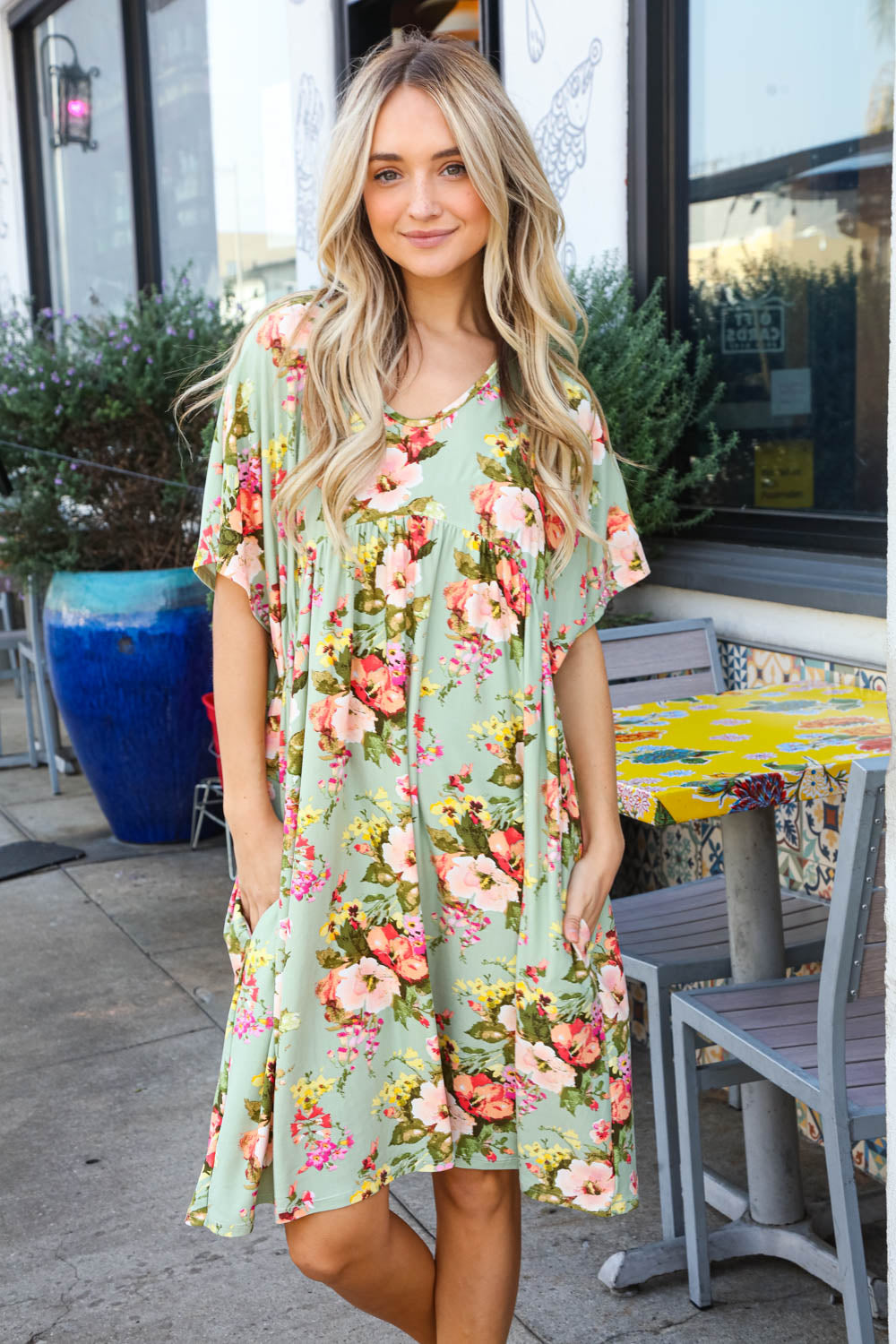 Sage Floral Drop Shoulder Midi Tunic Pocketed Dress