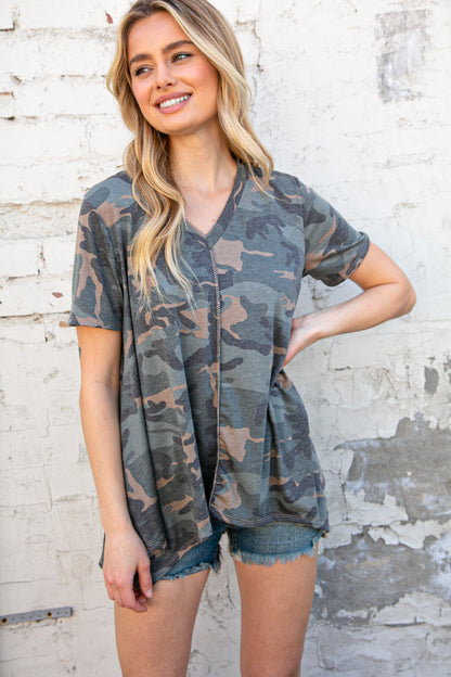 Camo Shark Bite Handkerchief Hem Knit Top