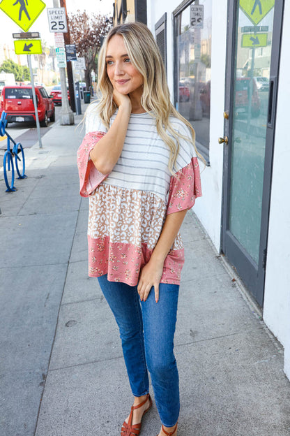 Rose Floral Tiered Stripe Color Block Top