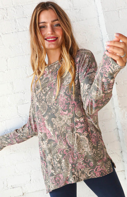 Paisley Print Drop Neck Tunic Top