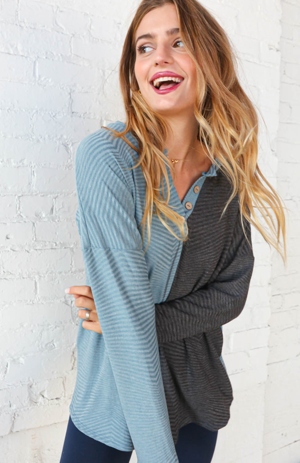 Blue & Grey Half and Half Slub Rib Button Top