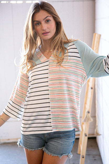 Lime Multi Stripe Color Block Outseam V Neck Top