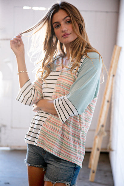 Lime Multi Stripe Color Block Outseam V Neck Top