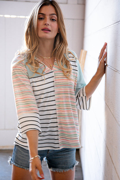 Lime Multi Stripe Color Block Outseam V Neck Top