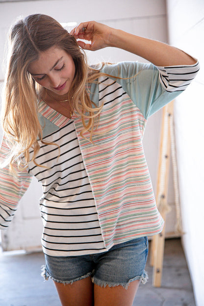 Lime Multi Stripe Color Block Outseam V Neck Top