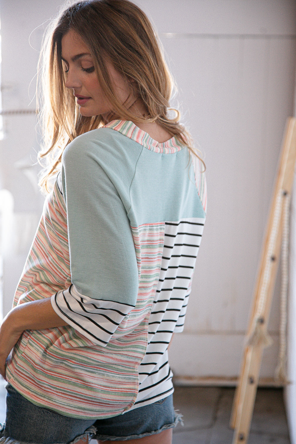 Lime Multi Stripe Color Block Outseam V Neck Top