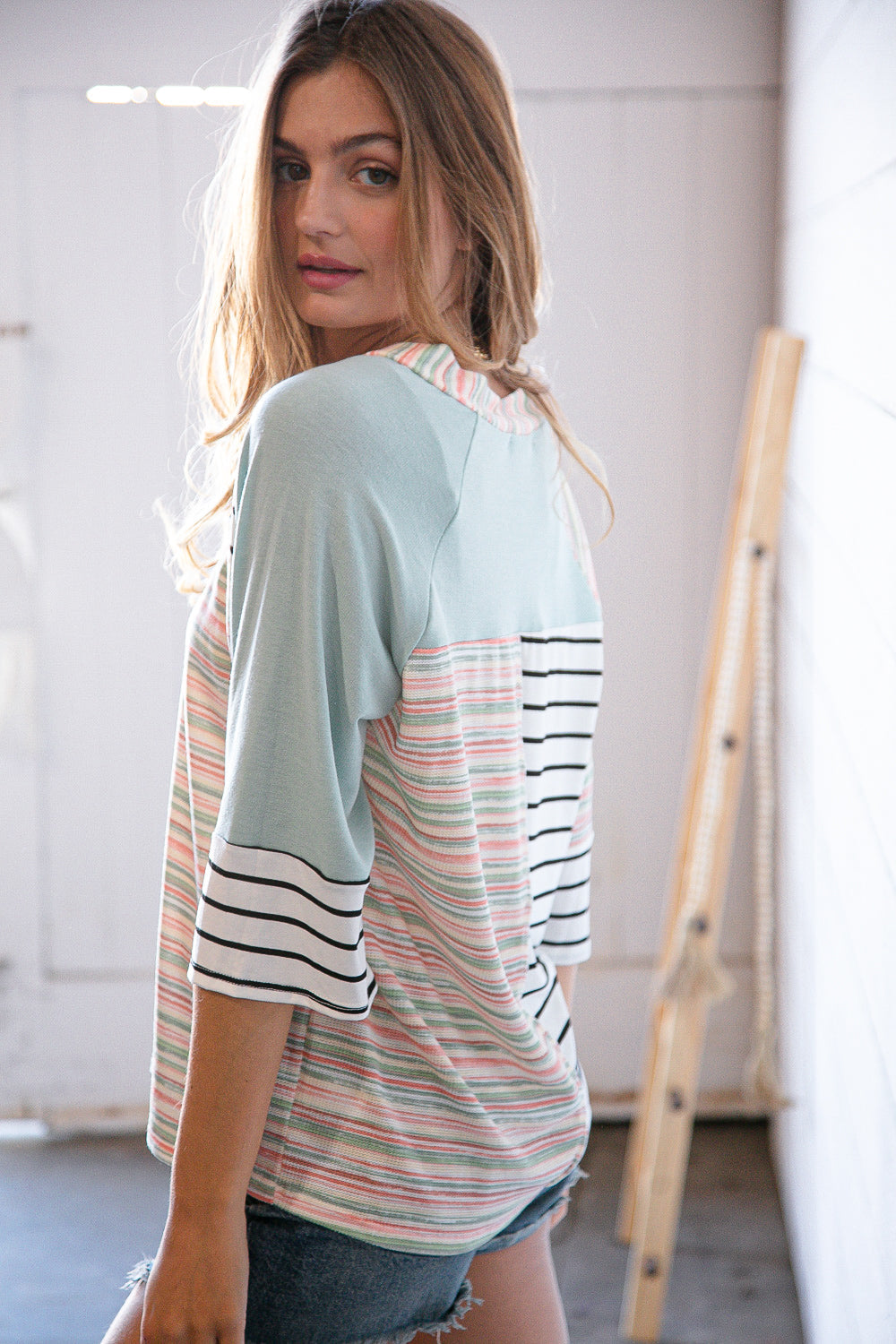 Lime Multi Stripe Color Block Outseam V Neck Top