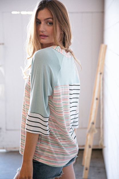 Lime Multi Stripe Color Block Outseam V Neck Top