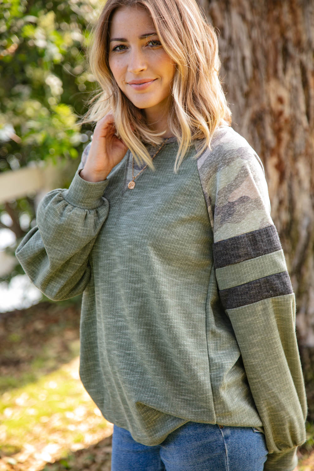 Textured Camo Game Day Sleeve Raglan Top