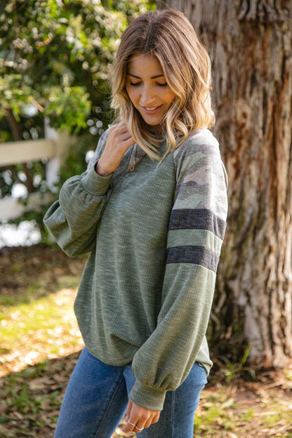 Textured Camo Game Day Sleeve Raglan Top