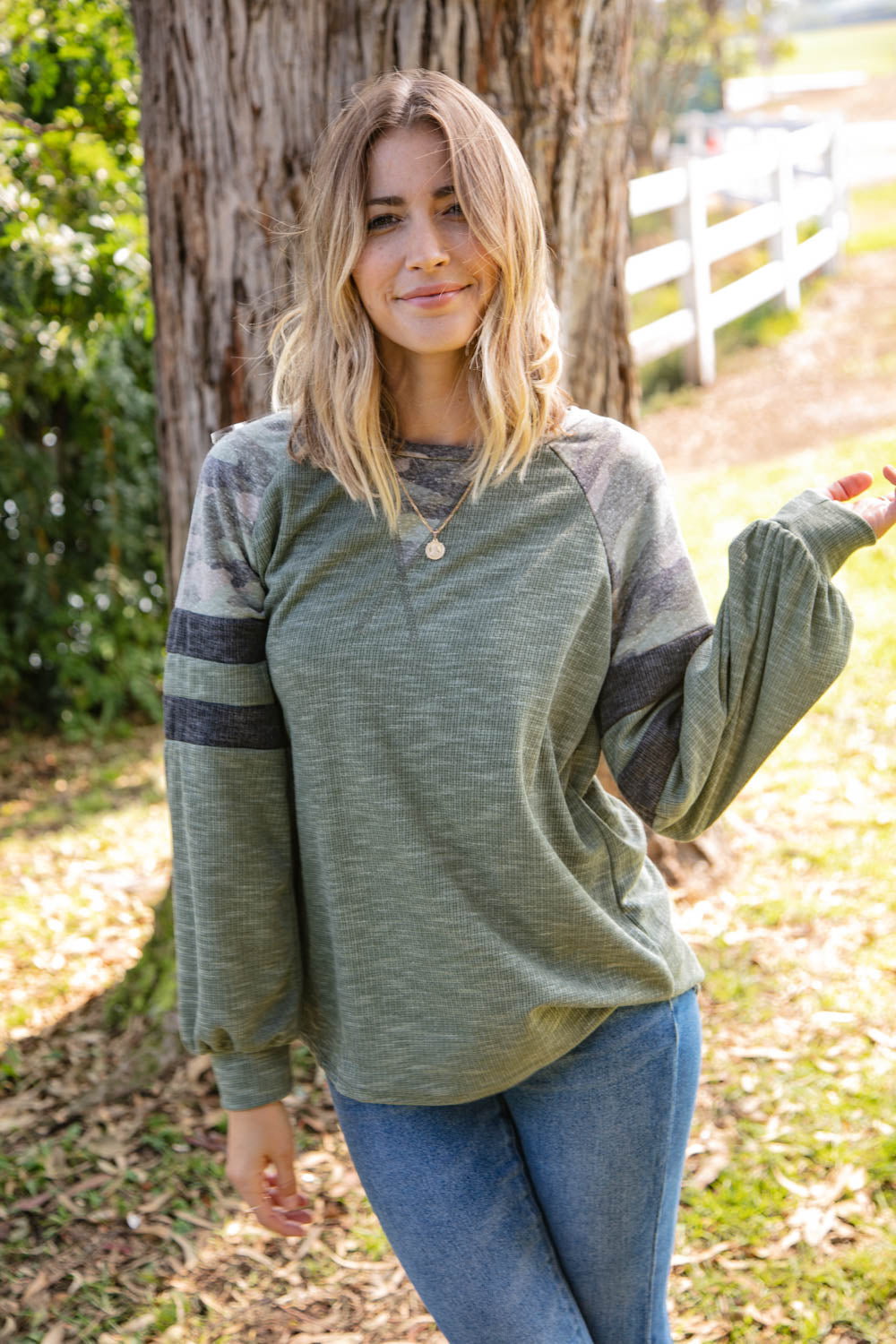 Textured Camo Game Day Sleeve Raglan Top