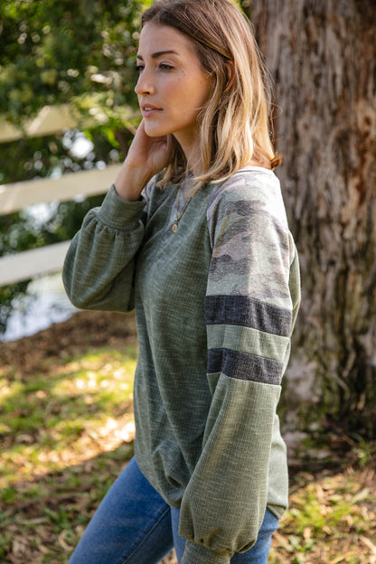 Textured Camo Game Day Sleeve Raglan Top