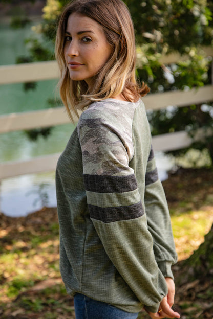 Textured Camo Game Day Sleeve Raglan Top