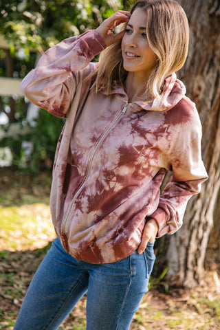 Mauve Tie Dye Front Zipper Hoodie