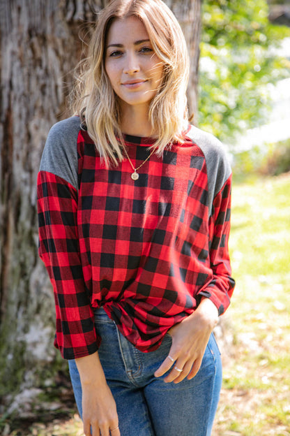 Plaid and Grey Hi-Lo Three Quarter Sleeve Top