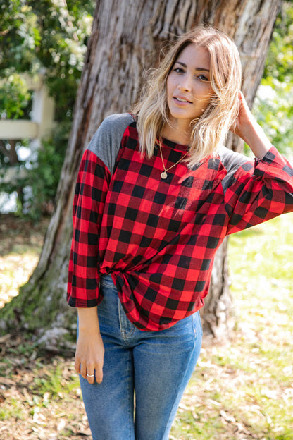 Plaid and Grey Hi-Lo Three Quarter Sleeve Top