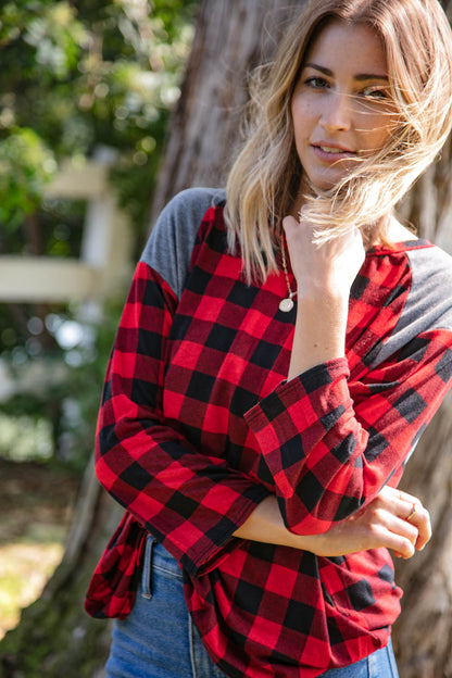 Plaid and Grey Hi-Lo Three Quarter Sleeve Top