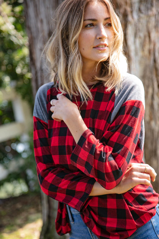 Plaid and Grey Hi-Lo Three Quarter Sleeve Top