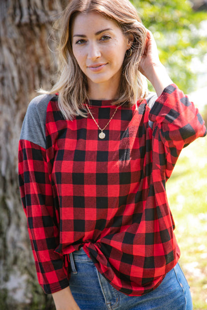 Plaid and Grey Hi-Lo Three Quarter Sleeve Top