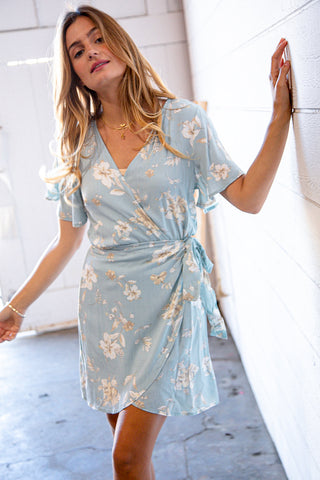 Sky Blue Floral Rayon Slub Surplice Waist Tie Dress